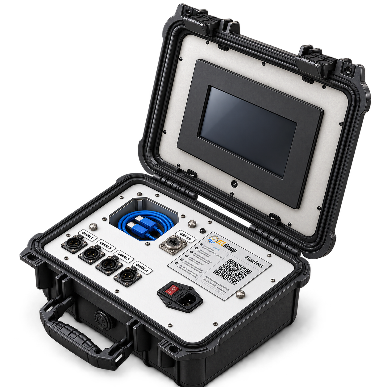 Case FlowTest com painel de quatro canais, tela touchscreen e compartimento para cabos