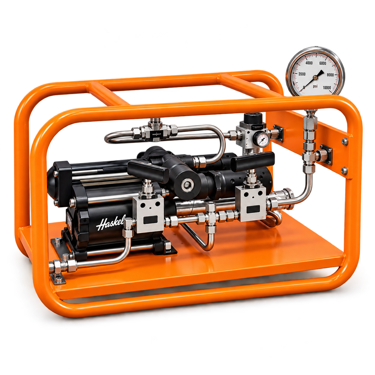 Renderização da bomba Haskel GSF-60 em estrutura laranja